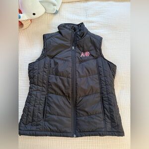 Alpha Phi Port Authority Black Quilted Puffer Vest with Red Embroidered Letters